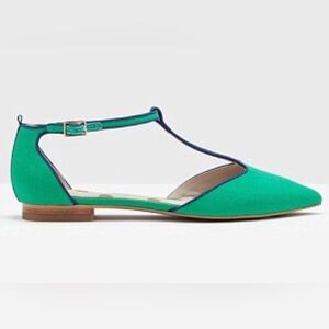 Boden Angelica Green T-Strap Pointed Toe Flats with Navy Trim 39/9